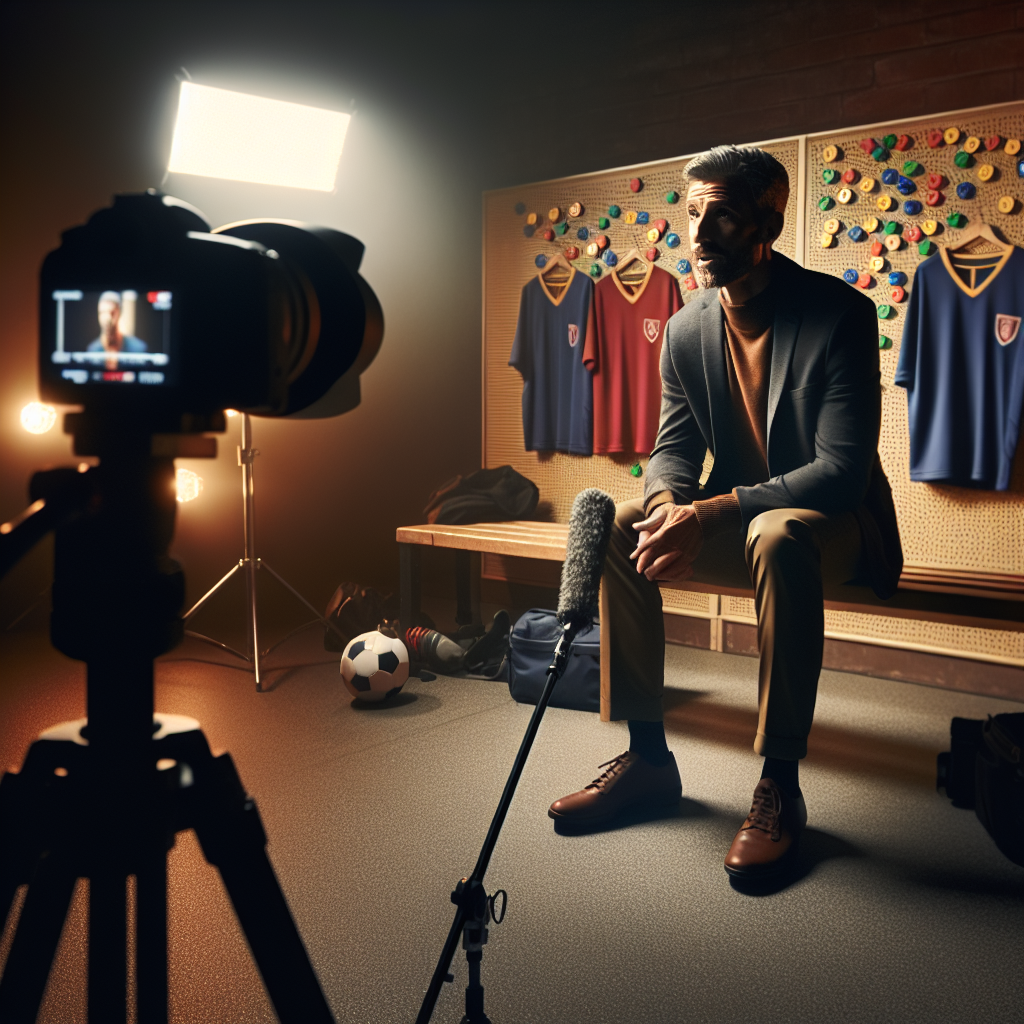 Behind-the-scenes KPL coach interview in locker room with tactics board and lights