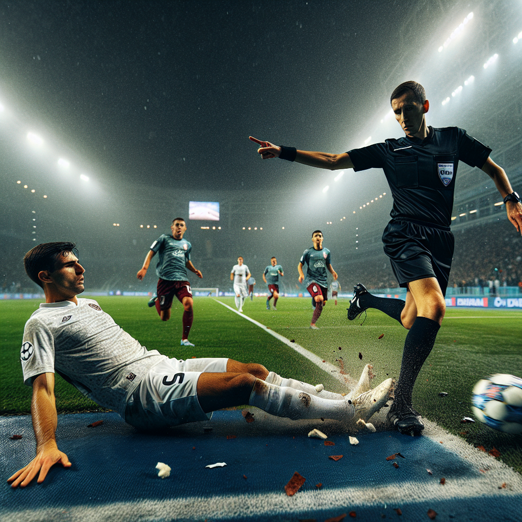 Ключевой момент тура КПЛ: пенальти, решение арбитра под прожекторами стадиона.